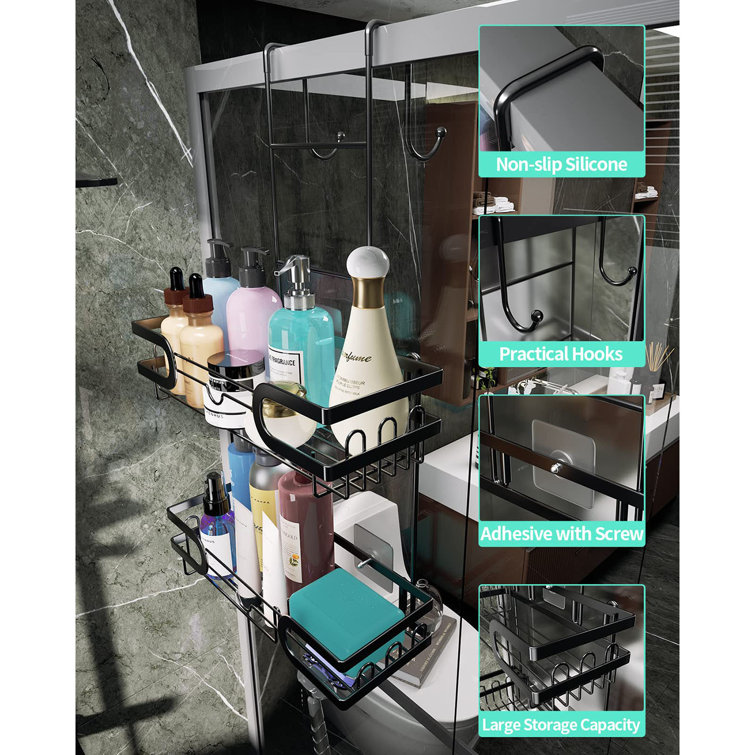 Belfry Bathroom Shower Caddy Hanging Over Door Shower Caddy With Soap And Razor Holder No Drilling Hook Over Shower Caddy For Towel Bath Ball Stainless Steel Shower Caddy Black 4 Adhesives